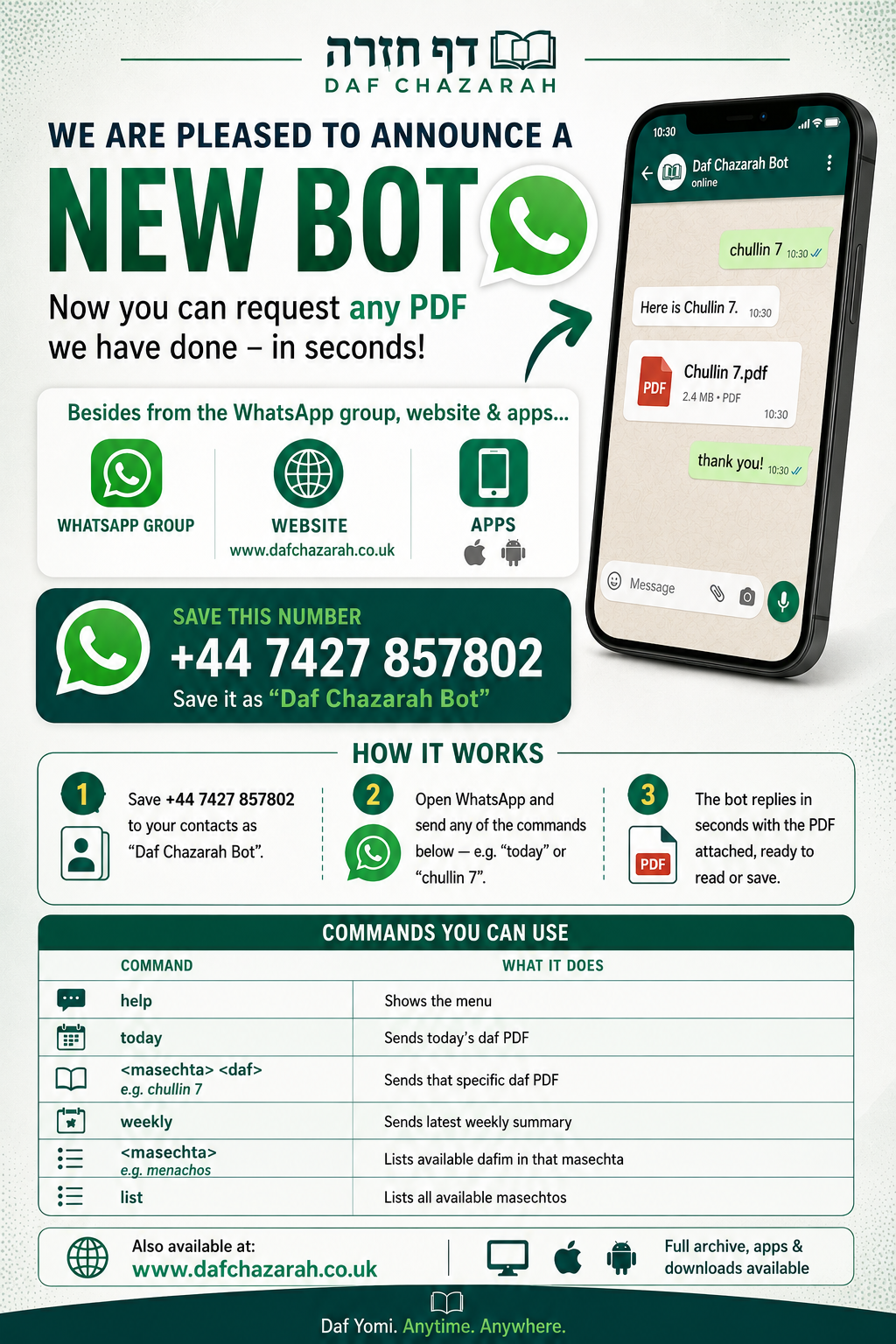 Daf Chazarah WhatsApp Bot — request any PDF in seconds. Save +44 7427 857802 as Daf Chazarah Bot.